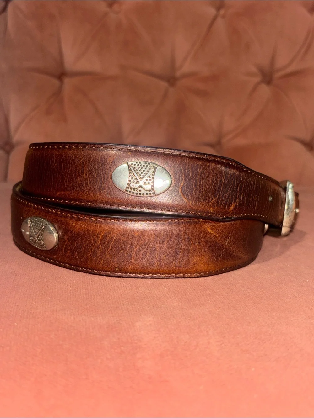 Vintage Danbury brown leather belt golf club concho preppy silver buckle belt